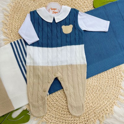 Saída de Maternidade Guilherme - Azul Jeans e Areia com Branco